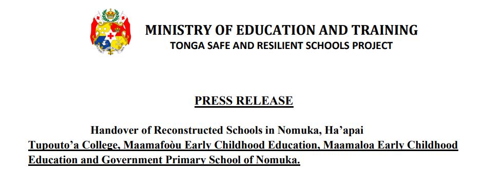 PRESS RELEASE : Handover of Reconstructed Schools in Nomuka, Ha’apai
