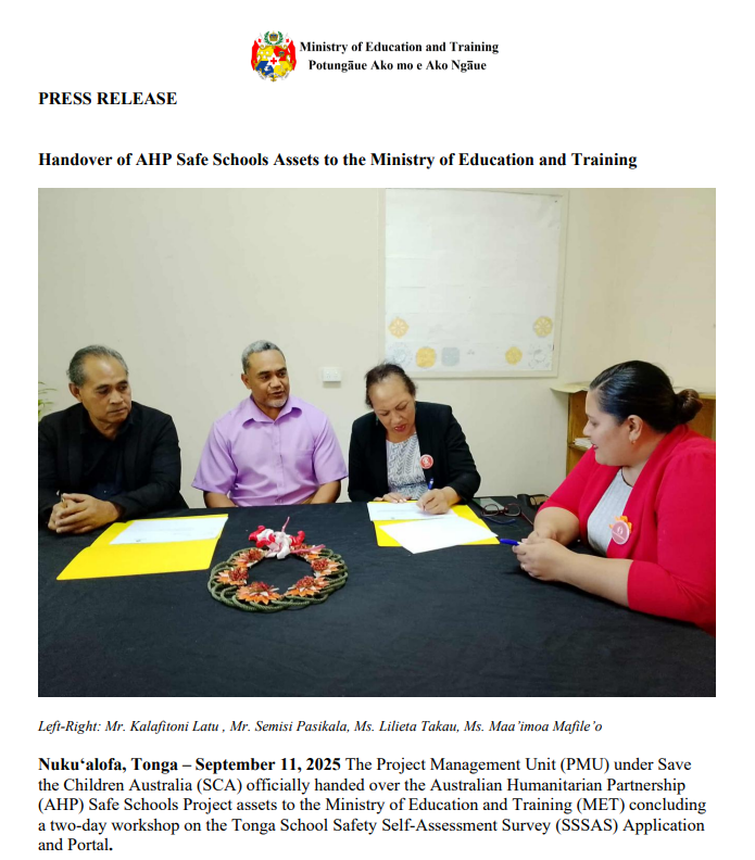 Handover of AHP Safe Schools Assets to the Ministry of Education and Training